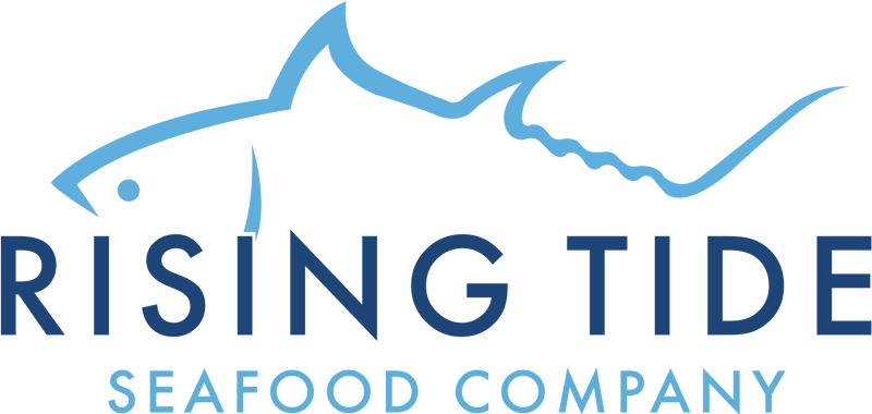 a blue shark silhouette with the words "rising tide seafood company" underneath