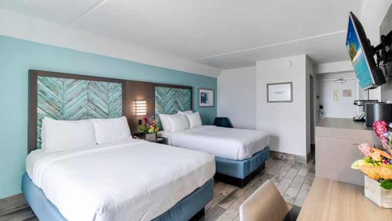 luxurious coastal themed bedroom with two twin beds, with washed grey wooden furniture, and a sea green accent wall, and a large flatscreen TV