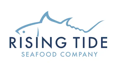 a blue shark silhouette with the words "rising tide seafood company" underneath