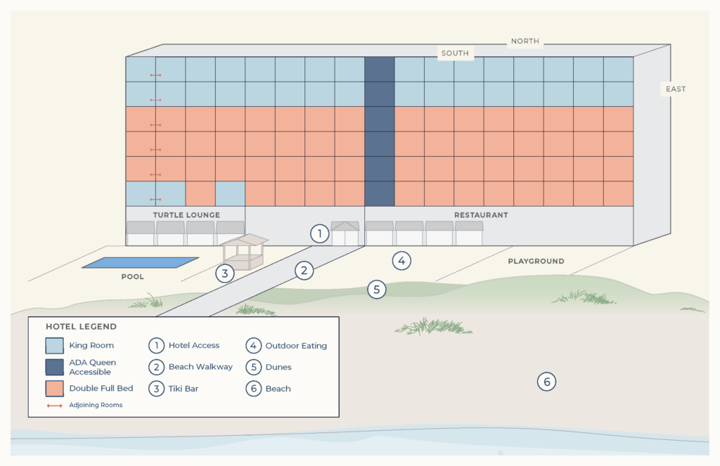 The Crystal Coast Oceanfront Hotel's floor map, a color-coded key of the hotel overlooking the beach.